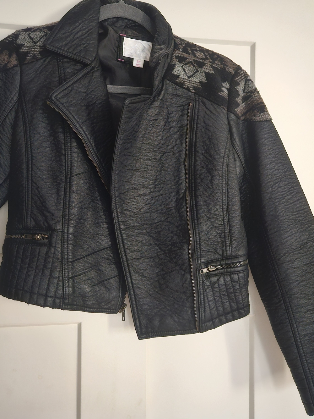 Black Faux Leather Moto Jacket with Aztec Shouler Detail